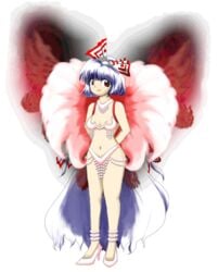 2husamba edit feathers female fujiwara_no_mokou high_heels jewelry medium_breasts official_art pearl_(gem) revealing_clothes samba touhou white_bikini white_hair wings zun_(jun'ya_ota)