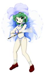 2husamba edit feathers female gohei green_hair jewelry medium_breasts official_art pearl_(gem) revealing_clothes samba sanae_kochiya touhou white_bikini zun_(jun'ya_ota)