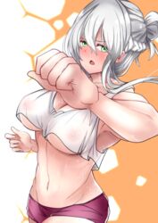 1girls angry armpits bare_midriff blush cleavage effie_(fire_emblem) fight fighting_stance fire_emblem fire_emblem_fates green_eyes grey_hair large_breasts looking_back messy_hair midriff muscular muscular_female nintendo nipples open_mouth see-through shorts silver_hair simple_background solo solo_female sweat sweating_profusely tank_top toned toshimasa underboob