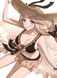 1girls absurdres alternate_costume bikini black_bikini black_swimsuit blonde_hair blue_eyes breasts cleavage collarbone female fire_emblem fire_emblem:_three_houses fire_emblem_heroes from_above gonzarez hat highres large_breasts long_hair looking_at_viewer looking_up mercedes_von_martritz mercedes_von_martritz_(summer) nail_polish nintendo purple_nails sarong see-through sideboob skindentation smile solo solo_female sun_hat swimsuit