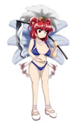 2husamba big_breasts blue_bikini edit feathers female komachi_onozuka large_breasts medium_breasts official_art red_hair revealing_clothes samba scythe touhou twintails zun_(jun'ya_ota)