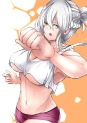 1girls angry bare_midriff cleavage effie_(fire_emblem) fight fighting_stance fire_emblem fire_emblem_fates green_eyes grey_hair large_breasts looking_back messy_hair midriff muscular muscular_female nintendo open_mouth shorts silver_hair simple_background solo solo_female tank_top toned toshimasa underboob