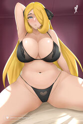 1girls 2021 alternate_breast_size alternate_version_available armpits bed big_breasts black_bra black_panties blonde blonde_female blonde_hair blonde_hair_female breasts cynthia_(pokemon) eye_contact female grey_eyes hair_ornament kyonpoi large_breasts lingerie looking_at_viewer mature_female milf nintendo on_bed pokemon pokemon_champion pokemon_dppt solo spread_legs thick_thighs