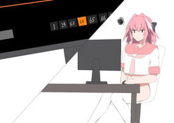 1boy 2021 absurd_res astolfo_(fate) bare_arms bow chair computer computer_mouse crossdressing desk fate/grand_order fate_(series) femboy hair_ribbon highlights highres humor kitajima_yuuki long_hair looking_at_porn male meme no_panties pink_hair pornhub ribbon school_uniform serafuku simple_background sitting squiggle sweat thighhighs thighs trap white_background white_highlights