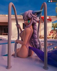 2girls 3d alternate_costume blue_eyes cassie_(paladins) detailed_background female female_focus female_only fox_ears fox_tail io_(paladins) looking_at_viewer looking_back one-piece_swimsuit paladins patreon_username pool poolside see-through_clothing see-through_swimsuit shandyxz silver_hair swimsuit twitter_username watermark wet wet_clothes wet_skin