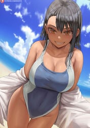 1girls aged_up beach big_breasts black_hair blush breasts brown_eyes cleavage female_focus female_only hayase_nagatoro long_hair looking_at_viewer navel one-piece_swimsuit please_don't_bully_me,_nagatoro shexyo simple_background smile solo swimsuit wide_hips