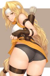 1girls arrow ass bare_thighs black_panties blonde_hair brigid_(fire_emblem) fingerless_gloves fire_emblem fire_emblem:_genealogy_of_the_holy_war gloves large_ass large_breasts lifted_by_self long_hair mogtate nintendo panties partially_visible_vulva presenting presenting_hindquarters quiver seductive seductive_smile smile solo solo_female thick_thighs thighs upskirt very_long_hair wavy_hair yellow_eyes