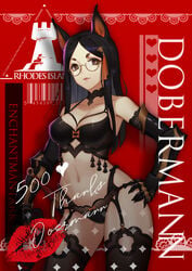 animal_ears arknights black_bra black_elbow_gloves black_garter_belt black_garter_straps black_gauntlets black_hair black_lingerie black_stockings bra confident dobermann_(arknights) dog_ears elbow_gloves garter_belt garter_straps gauntlets glasses hair_ornament hand_on_hips lingerie lipstick lipstick_mark long_hair navel round_glasses stockings sword voluptuous