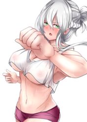 1girls angry armpits bare_midriff blush cleavage effie_(fire_emblem) fight fighting_stance fire_emblem fire_emblem_fates green_eyes grey_hair large_breasts looking_back messy_hair midriff muscular muscular_female nintendo nipples open_mouth see-through shorts silver_hair solo solo_female sweat sweating_profusely tank_top toned toshimasa underboob white_background