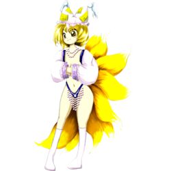 2husamba blonde_hair blue_bikini detached_sleeves edit feathers female fox_tail kitsune medium_breasts official_art pearls ran_yakumo revealing_clothes samba socks touhou yellow_eyes zun_(jun'ya_ota)