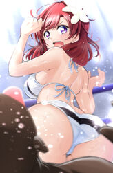 1girls :o arched_back armpits ass bangs bare_arms bikini blush breasts dark-skinned_male female flower hair_flower hair_ornament halterneck highres hip_attack kirisaki_reina love_live! love_live!_school_idol_project medium_breasts medium_hair navel nishikino_maki open_mouth outstretched_arms purple_eyes red_hair rope side-tie_bikini sideboob solo sweat sweatdrop swimsuit swimwear underboob upper_teeth white_flower white_swimsuit wrestling_ring