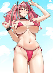 1girls azur_lane belly bikini breasts bremerton_(azur_lane) chela77 eagle_union_(azur_lane) female female_only large_breasts light-skinned_female light_skin long_hair looking_at_viewer mole_on_breast mole_under_eye navel pink_eyes pink_hair pink_nail_polish solo string_bikini swimsuit twintails two-tone_hair wristband