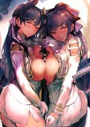 2girls afukuro animal_ears atago_(azur_lane) azur_lane bangs black_hair black_legwear bow breast_press breasts brown_eyes commentary_request eyebrows_visible_through_hair from_side garter_straps gloves hair_ribbon hairbow highres holding holding_sword holding_weapon large_breasts long_hair looking_at_viewer military military_uniform miniskirt mole mole_under_eye multiple_girls nipples open_mouth pantyhose pleated_skirt ponytail ribbon skirt standing swept_bangs sword symmetrical_docking takao_(azur_lane) thighhighs uniform weapon white_bow white_gloves white_skirt