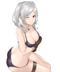 ass ass_cleavage ass_crack bangs bare_shoulders big_breasts bikini blush breasts brown_eyes brown_gloves butt_crack cleavage collarbone eyebrows_visible_through_hair female fire_emblem fire_emblem_awakening fire_emblem_heroes gloves hartman_hips j@ck jewelry large_breasts long_hair looking_at_viewer necklace o-ring o-ring_bikini o-ring_top one_eye_closed purple_bikini robin_(fire_emblem) robin_(fire_emblem)_(female) shiny shiny_clothes shiny_hair shiny_skin simple_background sitting smile solo swimsuit thigh_strap thighs tied_hair twintails white_background white_hair wink