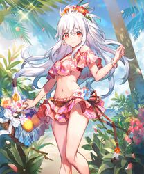 antares_(evertale) basket beach bikini breasts earrings evertale female flower food frilled_bikini frills fruit hair_flower hair_ornament highres jewelry long_hair looking_at_viewer medium_breasts navel official_art plant red_eyes silver_hair smile swimsuit tree