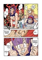 1boy 1girls bald breasts bulma_briefs bulma_briefs_(frieza_saga) coloured comic crop_top dragon_ball dragon_ball_z english_text female from_behind gritted_teeth hairband krillin kuririn male naked nipples nude nude_male ogata_satomi partially_clothed pleasure_face purple_eyes purple_hair sex sweat