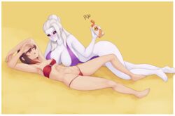 2girls abs areolae big_breasts bikini black_hair black_sclera blush breasts cleavage female female_only long_hair multiple_girls muscular muscular_female nipple_slip nipples pale_skin red_eyes req reqqles ruby_rose rwby salem_(rwby) short_hair silver_eyes small_breasts smile sunscreen swimsuit white_hair yuri