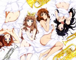 4girls arched_back bare_shoulders barefoot bed_sheet black_hair blonde_hair brown_hair closed_mouth collarbone covered_breasts covered_pussy euphonium female female_only green_eyes hand_behind_head hand_on_breast hibike!_euphonium kousaka_reina large_breasts long_hair looking_at_another looking_at_partner looking_at_viewer medium_breasts multiple_girls nakagawa_natsuki navel no_bra no_panties open_mouth orange_eyes orange_hair oumae_kumiko ponytail purple_eyes ribbon sbel02 shiny_skin short_hair thighs trumpet yoshikawa_yuuko yuri