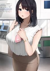 1girls black_hair blue_eyes blush clothed_female earring female female_only large_breasts looking_at_viewer married_woman mature_female milf original ring sakuranotomoruhie sweat wristwatch