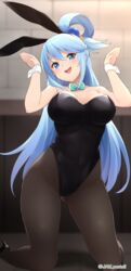 aqua_(konosuba) big_breasts black_hair black_high_heels black_pantyhose blue_eyes blush bunny_costume bunny_ears bunny_girl bunnysuit jam_pentail jampen kono_subarashii_sekai_ni_shukufuku_wo! legwear long_hair looking_at_viewer pantyhose solo