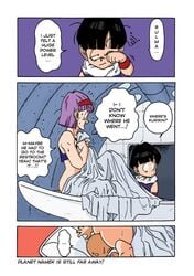 1girls 2boys almost_caught bald black_hair blanket bulma_briefs bulma_briefs_(frieza_saga) coloured comic crop_top dragon_ball dragon_ball_z english_text facesitting female hairband krillin kuririn male male/female ogata_satomi partially_clothed purple_eyes purple_hair short_hair sitting_on_face son_gohan text