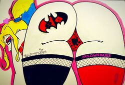 1girls ass ass_focus ass_tattoo batman_(series) batman_symbol bent_over big_ass cameltoe clothed clown clownbabes dc dc_comics doggy_style eyelashes eyeliner female female_focus female_only gradient_hair harley_quinn heart heart_panties human kneeling light-skinned_female light_skin looking_at_viewer looking_back makeup marker_(artwork) marker_(medium) mostly_nude multicolored_hair panties pigtails presenting presenting_hindquarters rear_view solo tattoo tattoos thick_thighs thighhighs three_tone_hair traditional_media_(artwork) twintails white_skin