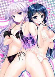 2girls ass_squish ass_to_ass bangs bare_arms bare_midriff bare_shoulders bare_thighs belly big_breasts bikini black_bikini black_bikini_bottom black_bikini_top black_swimsuit blue_eyes blue_hair blush blushing breasts busty child_bearing_hips cleavage curvaceous curvy curvy_female curvy_figure danganronpa danganronpa:_trigger_happy_havoc danganronpa_1 danganronpa_s:_ultimate_summer_camp female female_only frills front-tie_bikini front-tie_top gloves hourglass_figure huge_breasts human human_only kirigiri_kyouko large_breasts light-skinned_female light_skin long_hair looking_at_viewer maizono_sayaka medium_breasts midriff multiple_girls navel pose posing purple_eyes purple_hair seductive seductive_eyes seductive_look seductive_smile side-tie_bikini side-tie_bottom sideboob smile smiling smiling_at_viewer soft soft_breasts squish squishy stomach straight_hair swimsuit tease teasing thick thick_thighs thighs underboob voluptuous voluptuous_female white_bikini white_bikini_bottom white_bikini_top white_swimsuit wide_hips