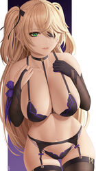 1girls big_breasts blonde_hair breasts eye_patch female female_only fischl_(genshin_impact) garter_belt genshin_impact green_eyes large_breasts lingerie looking_at_viewer solo solo_female thick thighhighs twintails voluptuous zaphn
