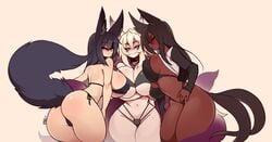 3girls big_ass big_breasts bikini black_hair black_sclera blonde_hair breast_press breasts clothed clothing dark-skinned_female dark_skin female female_only fox_ears fox_girl fox_tail hourglass_figure huge_breasts kammi_(kanel) kanel kiri_(sub-res) light-skinned_female light_skin looking_at_viewer looking_back mostly_nude multiple_girls pale_skin sweat thick_thighs wide_hips