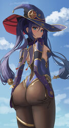 absurdres aqua_eyes ass ass_grab ass_support bangs black_gloves black_hair black_legwear blue_sky breasts cloud cowboy_shot day deep_skin earrings facing_away female genshin_impact gloves hair_ornament hat hat_ornament highres huge_ass jewelry leotard long_hair looking_at_viewer looking_back medium_breasts mona_(genshin_impact) onedoo pantyhose purple_headwear sky solo twintails vision_(genshin_impact) witch_hat