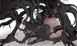 1boy 1monster all_fours anal ass bloodborne clothing crying doggy_style dubious_consent eldritch_horror from_behind_position fromsoftware great_one hat hunter_(bloodborne) interspecies male_penetrated monster moon_presence questionable_consent size_difference tear tears tentacle teratophilia uncensored