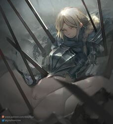 1girls armor blonde_hair bottomless braid clitoris dark_souls detailed emotionless expressionless female_only fromsoftware gray_bear lord's_blade_ciaran painting_(artwork) solo spread_legs undead yellow_eyes