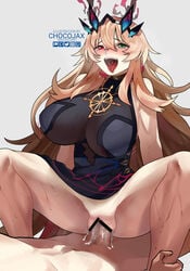 1boy 1girls bangs bare_shoulders barghest_(gawain)_(fate) black_dress blonde_hair blush breasts censored chocojax clothed_female_nude_male clothed_sex cowgirl_position cum cum_in_pussy dress earrings fate/grand_order fate_(series) female green_eyes heterochromia highres horns jewelry large_breasts long_hair looking_at_viewer necklace nude open_mouth pelvic_curtain penis pussy red_eyes sex smile spread_legs straddling straight sweat thighs tongue tongue_out vaginal_penetration