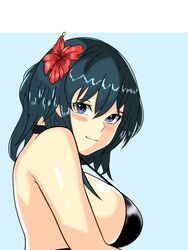 alternate_costume back backboob bikini black_bikini black_swimsuit blue_eyes blush byleth_(fire_emblem) byleth_(fire_emblem)_(female) byleth_(summer)_(fire_emblem)_(female) female female_only fire_emblem fire_emblem:_three_houses fire_emblem_heroes flower hair_flower large_breasts looking_at_viewer looking_back maplesugar7324 medium_hair nintendo red_flower short_hair smile solo swimsuit teal_hai