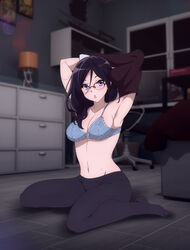 armpits black_hair blue_eyes bra clothing glasses hibike!_euphonium lace-trimmed_bra looking_at_viewer megane on_knees open_mouth pantyhose sbel02 tanaka_asuka triangle_mouth undressing