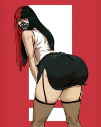 1boy big_ass face_mask femboy femboymaycry garter_straps huge_ass male office_lady pencil_skirt redblacktac split_color_hair stockings