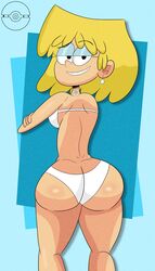 1girls abstract_background ass back back_view big_ass bikini bikini_top blonde_hair dat_ass earrings female lori_loud nickelodeon pokeball smile smiling solo solo_female solo_focus the_loud_house weav white_bikini