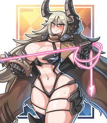 1girls 2021 bare_midriff big_breasts blush breasts cleavage faucre_(last_origin) gloves horns huge_breasts last_origin light-skinned_female light_skin long_hair sagas silver_hair sweat tagme thick thick_thighs thighs whip yellow_eyes