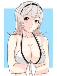 1girls alternate_costume bare_shoulders bikini cleavage collarbone corrin_(fire_emblem) corrin_(fire_emblem)_(female) corrin_(summer)_(fire_emblem)_(female) crossed_arms fire_emblem fire_emblem_fates fire_emblem_heroes large_breasts long_hair maplesugar7324 nintendo open_mouth red_eyes solo solo_female swimsuit white_bikini white_swimsuit