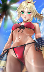 beach bikini blonde_hair blush cameltoe cloud fate/apocrypha fate/grand_order fate_(series) from_below green_eyes hi_res holding_object kos-owl looking_at_viewer looking_down mordred_(fate) mordred_(swimsuit_rider) navel open_mouth outside palm_tree pinup ponytail red_bikini side-tie_bikini sky solo solo_focus standing surfboard toned tongue tree