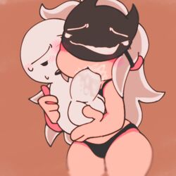 artist_request blob blowjob blush bob_(friday_night_funkin) bodily_fluids female friday_night_funkin larger_female mask opheebop opheebop_girl oral panties partially_clothed saltys_sunday_night size_difference smaller_male thehumansor thick_legs thick_thighs underwear white_hair wide_hips