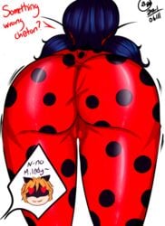 adrien_agreste ass bent_over big_ass bodysuit bunbunmuffinart cameltoe cat_noir color colore dat_ass female female_focus french_text ladybug_(character) marinette_cheng marinette_dupain-cheng miraculous_ladybug png tagme tight_clothing