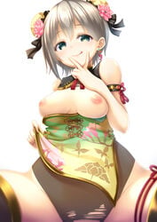 aoba_moca areolae bang_dream! bodysuit breasts breasts_out bun_cover china_dress chinese_clothes dress dress_lift earrings eyebrows_visible_through_hair flower flower_on_head getsuyou_yasumi green_eyes grey_hair hair_bun jewelry licking_lips medium_breasts medium_hair nipples no_bra shiny shiny_skin simple_background tongue tongue_out torn_bodysuit torn_clothes tukiyofree white_background