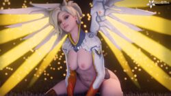 1girls 3d blizzard_entertainment blonde_hair blue_eyes breasts exposed_breasts female female_only firefly itsvanillatime kneeling looking_at_viewer mechanical_wings mercy mole mole_on_breast navel nipples on_knees overwatch revealing_clothes smile smug solo