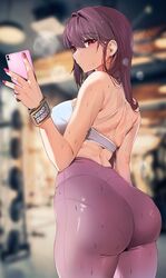 1girls ass bangs big_ass breasts butt cellphone closed_mouth commentary_request damda eyebrows_visible_through_hair fate/grand_order fate_(series) female female_only fingernails from_behind holding holding_phone huge_ass large_breasts leggings long_hair looking_at_viewer nail_polish partially_clothed phone purple_hair red_eyes red_nails scathach_(fate) scathach_(fate)_(all) selfie skin_tight skindentation smartphone solo sportswear sweat twitch_thot