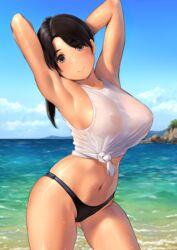 areola_slip areolae armpits arms_behind_head arms_up bangs beach bikini bikini_bottom black_bikini black_hair blue_sky blush breasts brown_eyes closed_mouth cloud covered_erect_nipples crop_top day female gluteal_fold highres horizon large_breasts long_hair looking_at_viewer navel ocean original outdoors ponytail rock see-through shiny shiny_skin shirt shore simple_background skindentation sky sleeveless sleeveless_shirt smile solo standing swimsuit tan thighs tied_shirt wa_(genryusui) water wet wet_clothes wet_shirt white_shirt