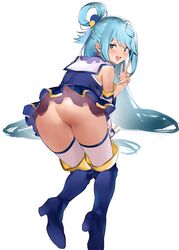 1girls all_fours aqua_(konosuba) aqua_eyes aqua_hair aqua_pose arm_support ass bent_over blush boots bottomless butt butt_crack female highres jikatarou knee_boots kono_subarashii_sekai_ni_shukufuku_wo! long_hair looking_at_viewer looking_back no_panties oerba_yun_fang pussy skin_fang smile smug solo thighhighs thighs v very_long_hair white_background white_legwear