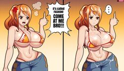 1girls absurdres alternate_breast_size areolae big_breasts bikini breasts cum cum_drip cum_on_breasts cum_on_face cum_on_hair female female_only highres huge_breasts humor jeans large_breasts meme middle_finger nami nipples offscreen_character one_piece orange_hair pun shounen_jump speech_bubble stevechopz text