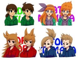 big_breasts black_sclera black_shirt blue_hoodie brown_hair crossover dark_brown_hair edd_(eddsworld) eddsworld ell_(eddsworld) ellsworld ginger_hair gray_eyes gray_shirt green_hoodie green_jacket grey_eyes grey_shirt matilda_(eddsworld) matt_(eddsworld) medium_breasts purple_eyes purple_hoodie red_eyeshadow red_hoodie rule_63 small_breasts smiling smiling_at_viewer tamara_(eddsworld) tom_(eddsworld) tord_(eddsworld) tori_(eddsworld) white_shirt