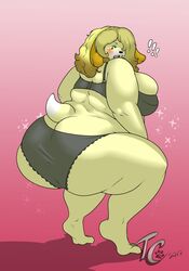 animal_crossing bbw bedroom_eyes black_bra black_underwear blush blushing_at_viewer bra canine canis domestic_dog excited fat female huge_ass huge_breasts isabelle_(animal_crossing) nintendo overweight slightly_chubby surprised takarachan thick_ass thick_thighs underwear yellow_fur